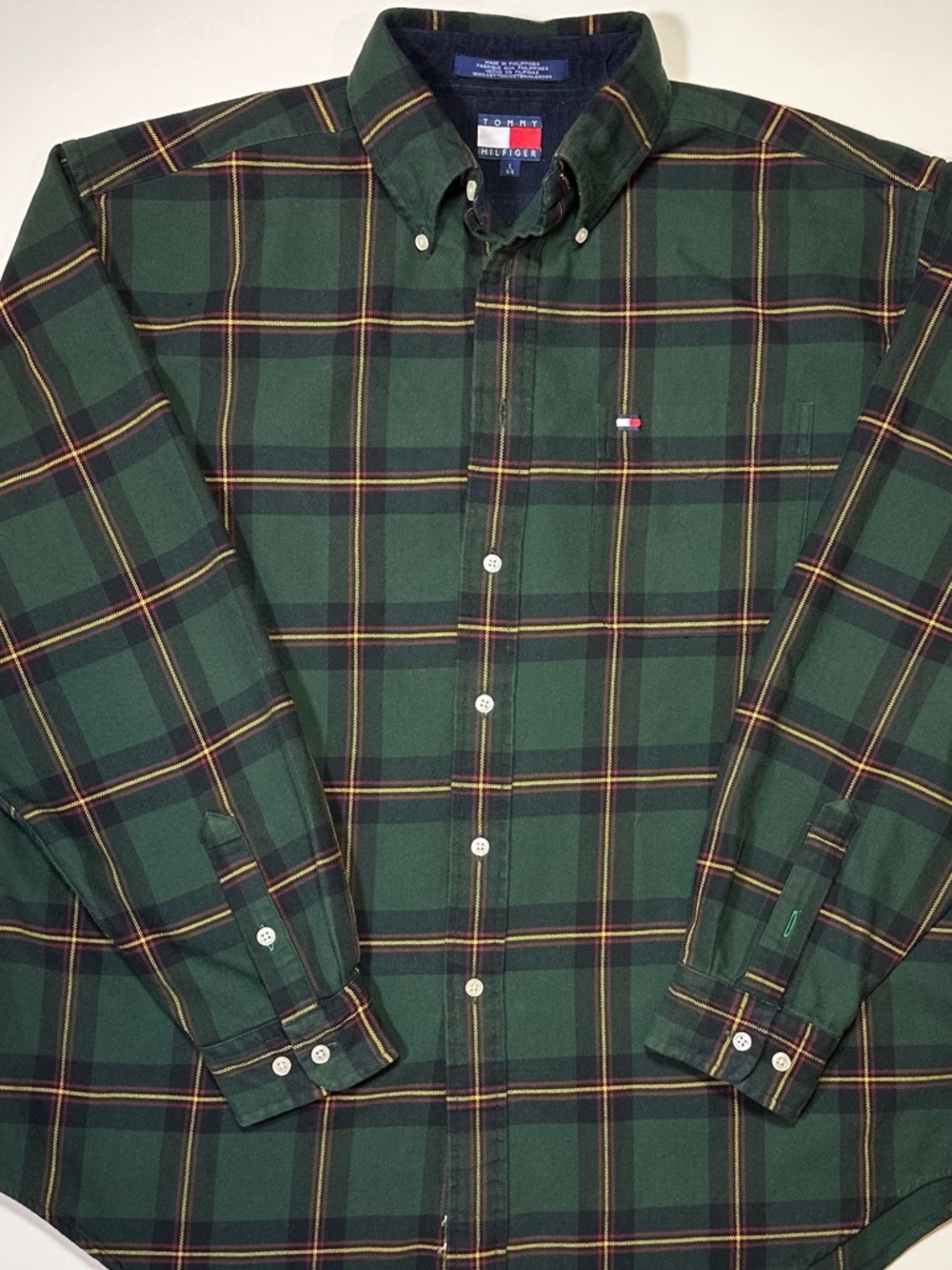 Vintage 1990s Tommy Hilfiger Shirt Men L Green Plaid Button Down Cotton Preppy